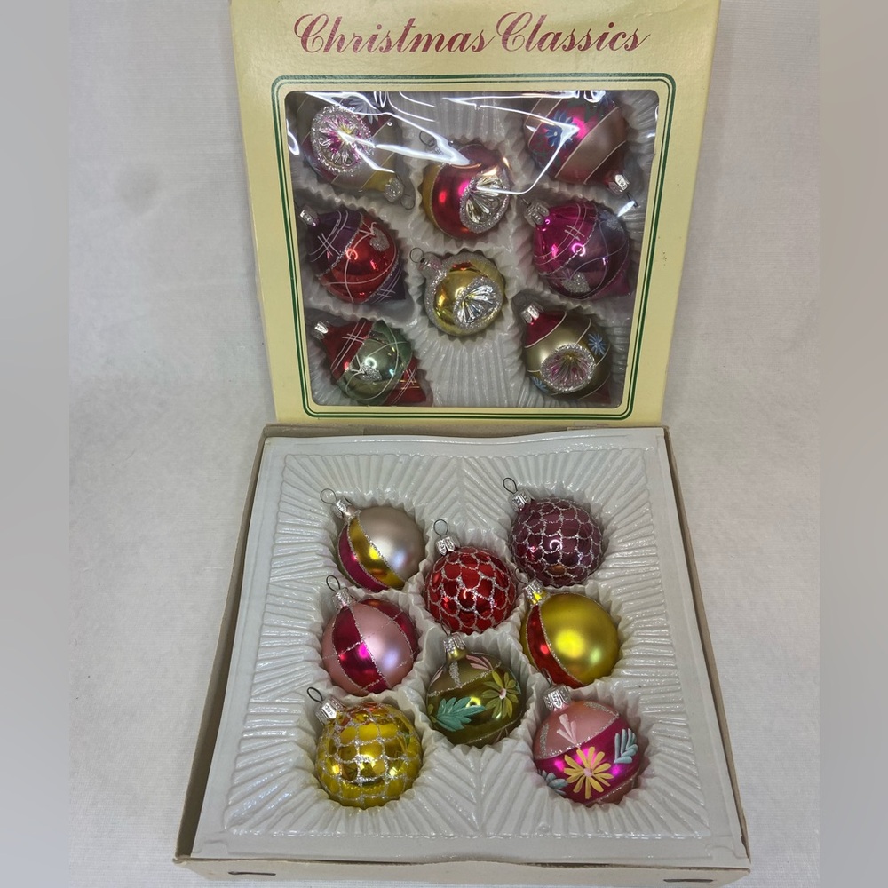 Vintage Romania Indent Glittered Mini Boxed Christmas Classics Ornaments  Lot 16